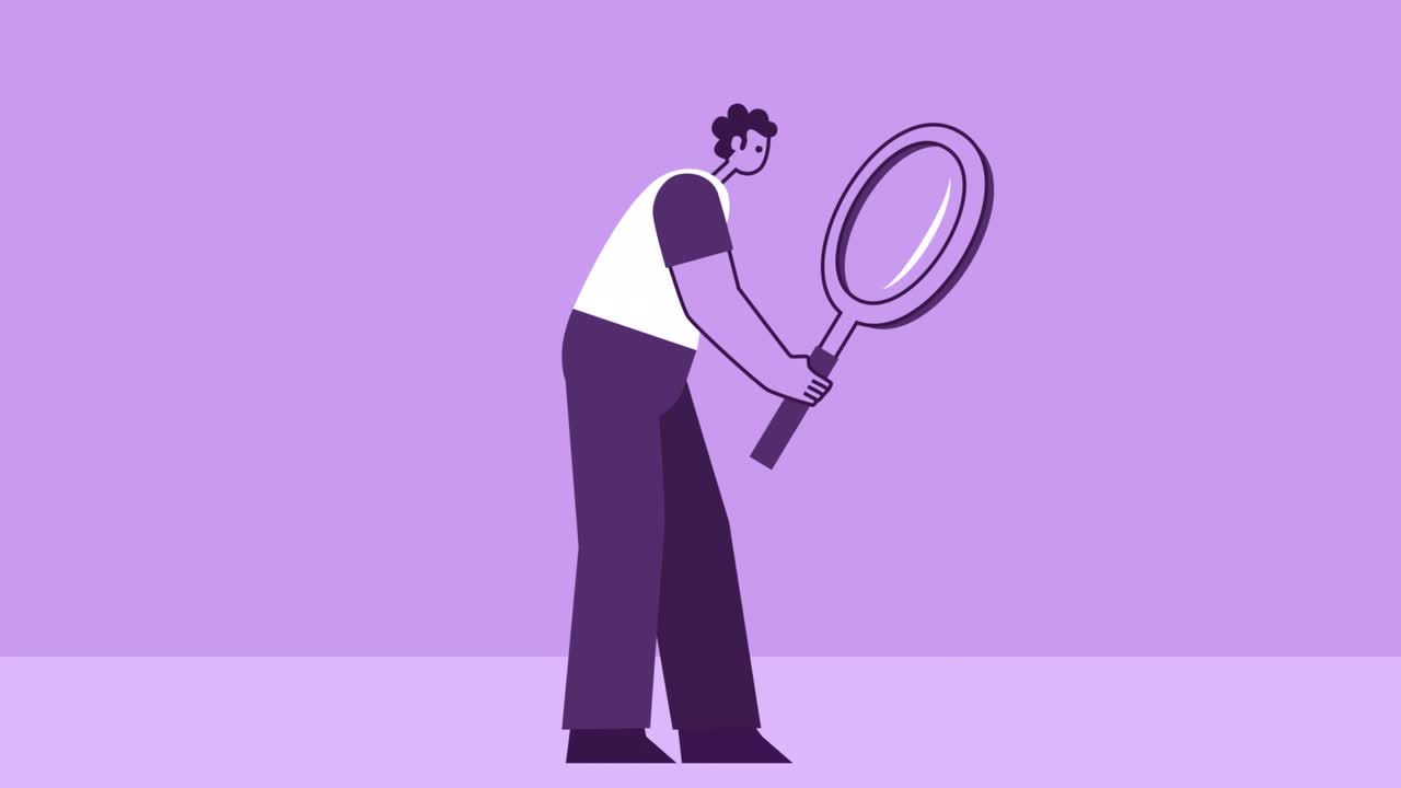 estilo púrpura hombre carácter plano caminando ciclo y mirando a través de la lupa. animación de bucle aislado con canal alfa