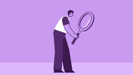 purple style man flat character walking cycle and looking through magnifying glass. isolated loop animation with alpha channel
