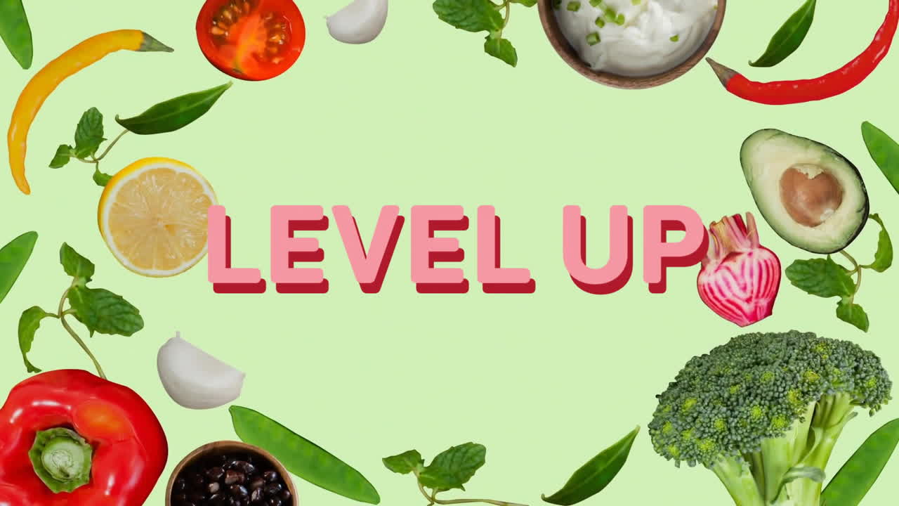 다양한 신선한 채소와 재료에 대한 레벨 업 텍스트 애니메이션