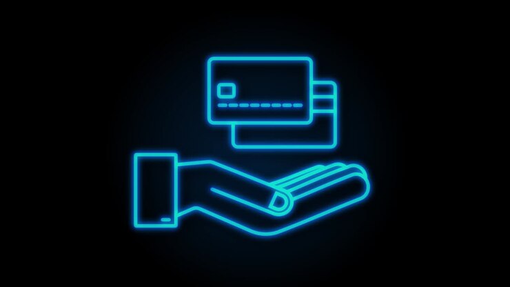 Neon Blue simple credit card with hands template. motion graphic