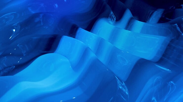 Sfondo liquido astratto in loop con motivo ondulato scintillante su superficie lucida e brillante. Fluido blu viscoso che ricorda una superficie di pellicola o vetro brillante. Bellissimo sfondo festivo creativo. Sfondo semplice e luminoso.