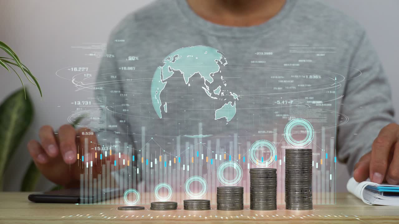 un holograma de datos de análisis de negocios. concepto de crecimiento de negocios. aumento de la pila de monedas.