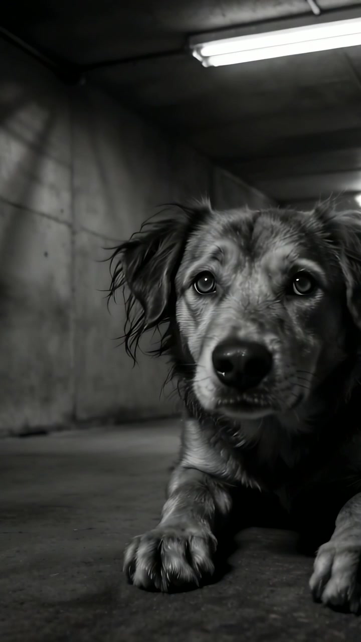 Vídeo vertical: Cachorro com coleira levantando a cabeça ao ouvir um som fora da tela, observando na garagem sob a luz.