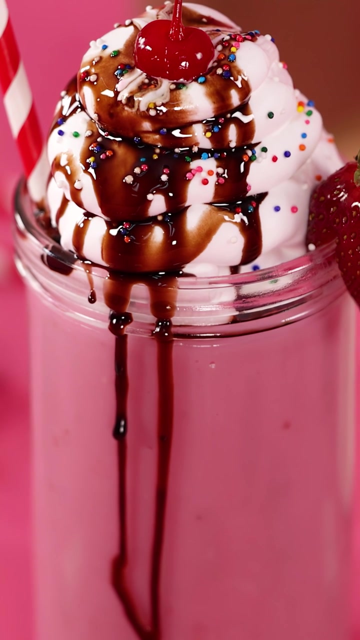 Frullato rosa alla fragola guarnito con panna montata, sciroppo al cioccolato, codette di zucchero, ciliegia e fragola
