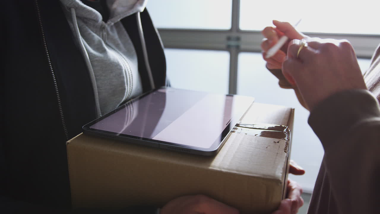 Woman Signing For Courier Delivery To Office Using Digital Tablet