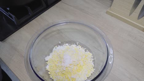 vista de las manos de una mujer que prepara un plato en un cuenco grande y lo condimenta con sal y pimienta
