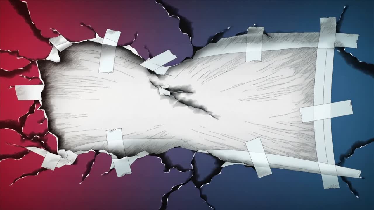Spaccatura frastagliata che si forma, superficie che si allarga e mostra un pannello chiaro su una sfumatura rosso-blu con nastro adesivo bianco.