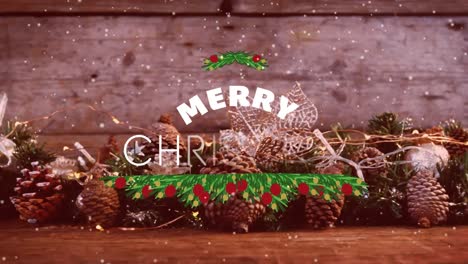 Animation-Von-Weihnachtsgrüßen-Mit-Schnee,-Der-über-Weihnachtsdekorationen-Fällt