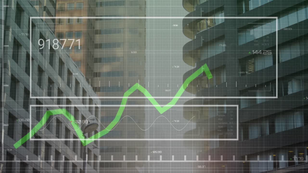 animación de números y gráficos cambiantes sobre edificios modernos contra el cielo
