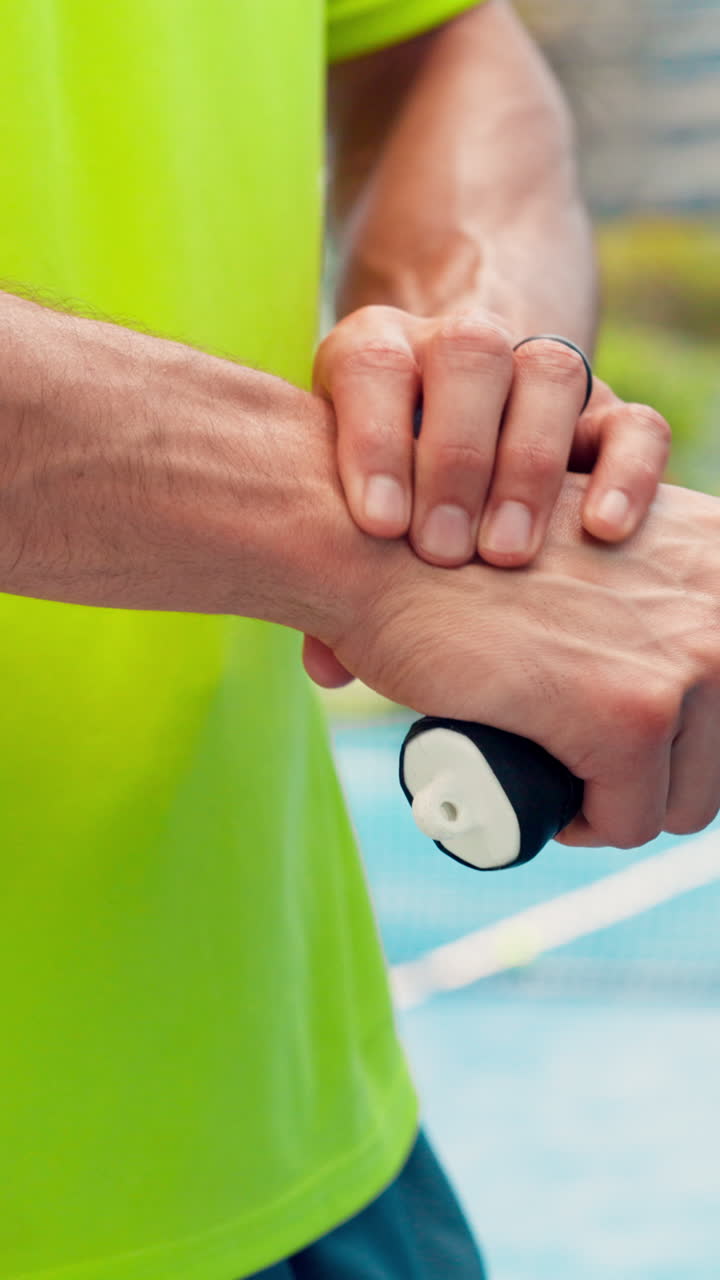 Atleta che controlla il battito al polso, con una racchetta sportiva in mano
