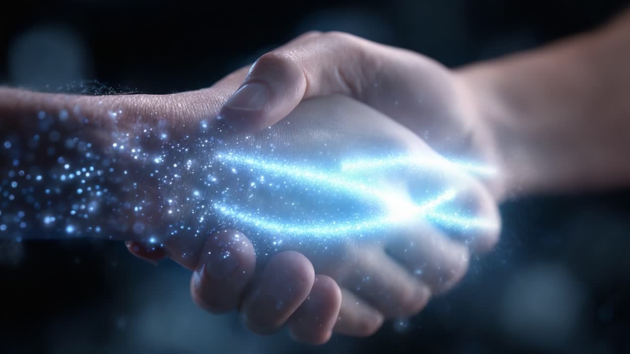Un momento di connessione: due mani che si stringono, a rappresentare unità e collaborazione con un tocco di magia in un ambiente astratto da sogno