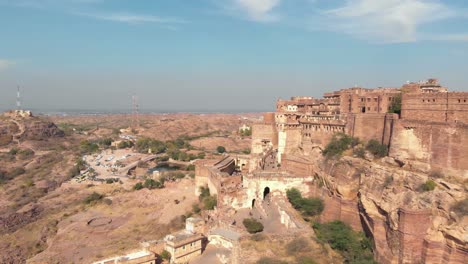 aerial along the walls of mehrangarh fort, jodhpur, rajasthan, india