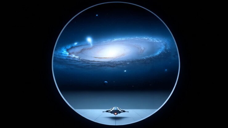 Spaceship in front of the Milky Way Galaxy