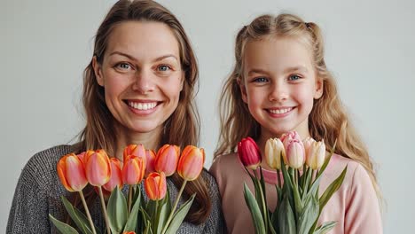 mother and daughter holding bouquets of colorful tulips
