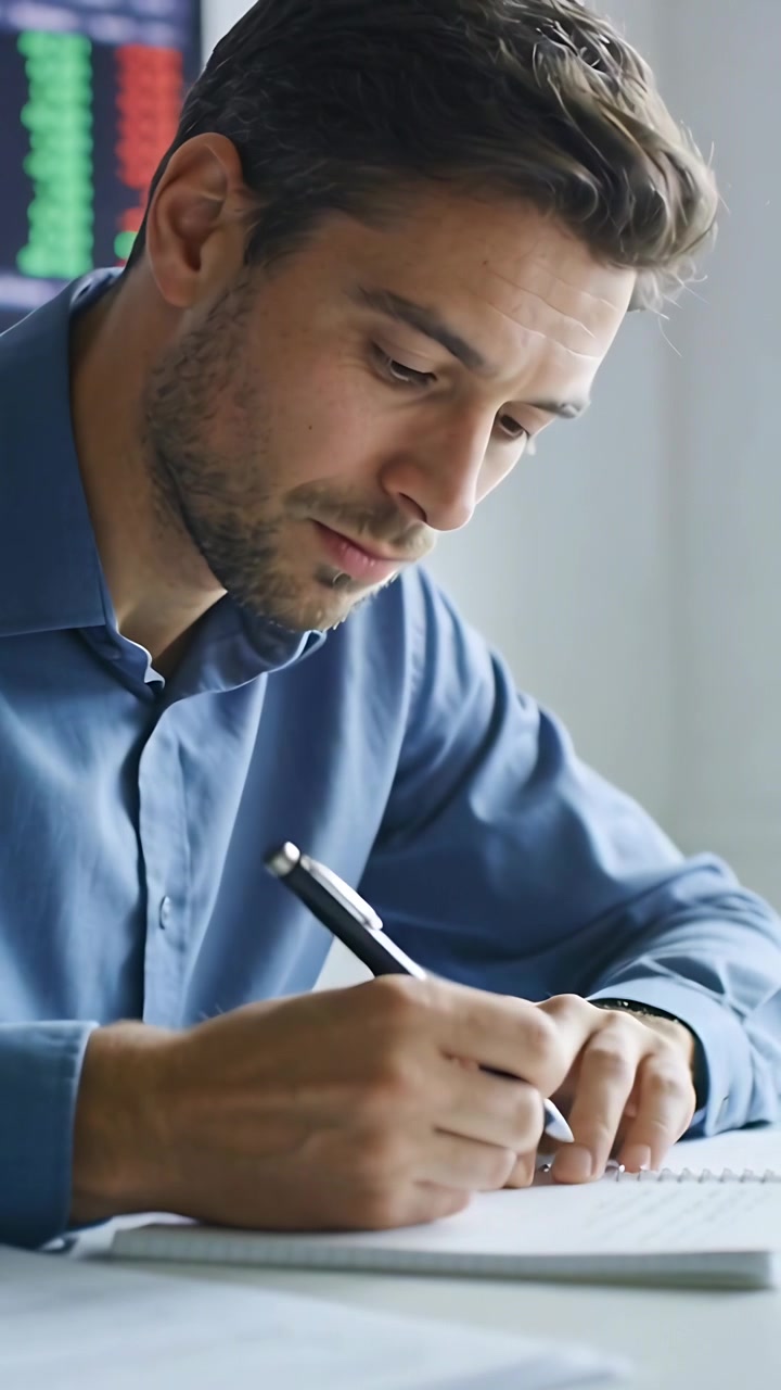 Video verticale: Uomo in camicia blu che scrive su un quaderno alla scrivania mentre lo schermo si aggiorna, monitorando i dati.