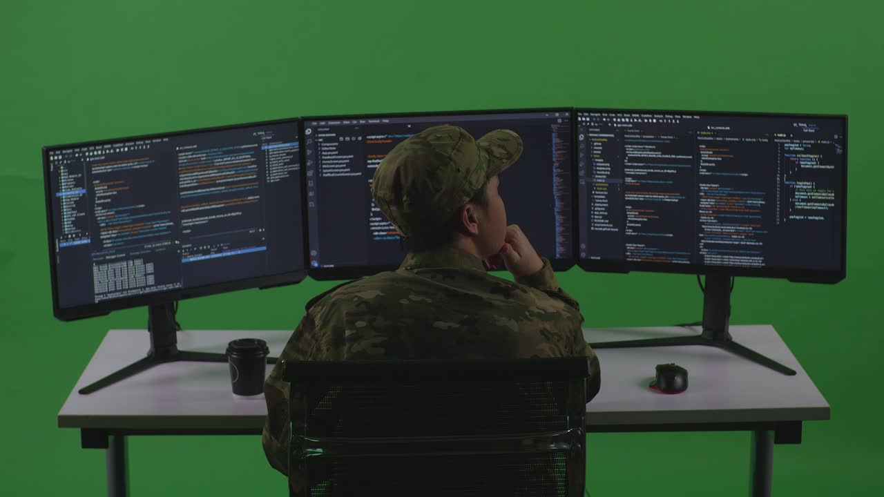 Back View Of Asian Man Soldier Developer Thinking About Something While Write Code With Multiple Computer Screens In Green Screen Studio