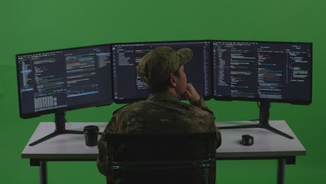 back view of asian man soldier developer thinking about something while write code with multiple computer screens in green screen studio