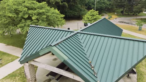 examining a metal roof in a park