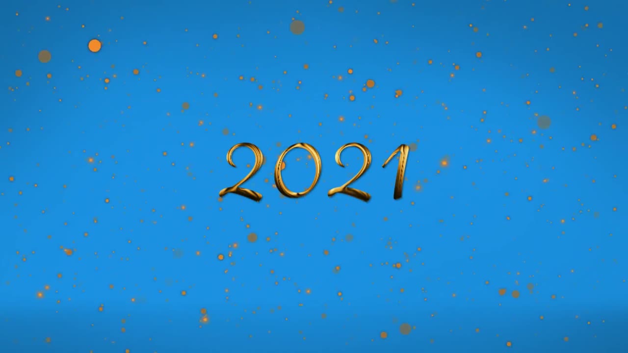animación del texto de 2021 sobre manchas doradas que caen sobre un fondo azul