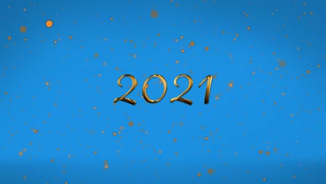 Animation-of-2021-text-over-gold-spots-falling-on-blue-background