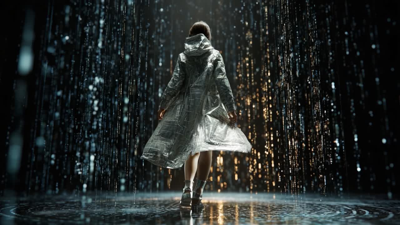 A solitary figure walks gracefully through an ethereal rain of shimmering droplets, illuminated by a distant glow, enveloped in a mesmerizing atmosphere of mystery and wonder