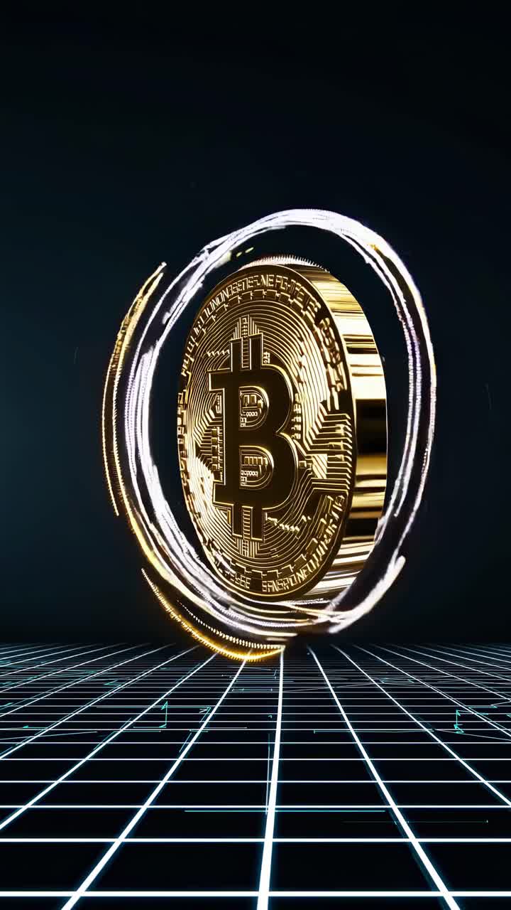 Golden bitcoin rotating against a dark background, surrounded by a digital grid and dynamic light trails, symbolizing the essence of cryptocurrency, finance, and investment