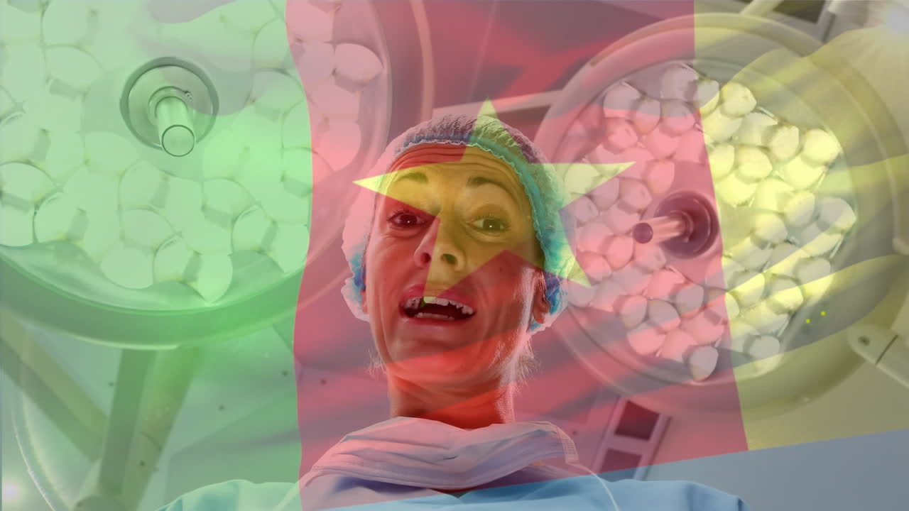 수술실에서 여성 외과 의사가 카메룬의  ⁇ 발을 흔들고 있는 애니메이션