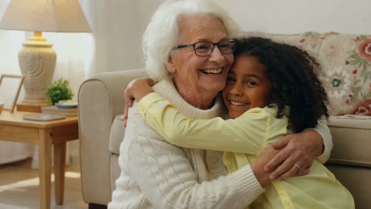 Nonna gioiosa che abbraccia la nipote con un abbraccio caloroso