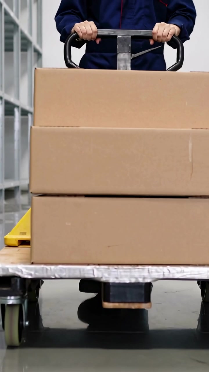 Vertical video: Gripping jack handle, worker in blue uniform pushing cart down aisle, moving boxes