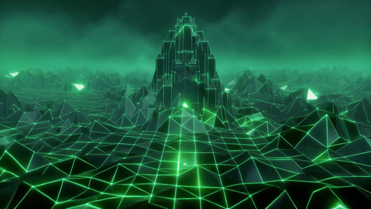 Abstract Digital Landscape with Glowing Green Wireframe Mountain