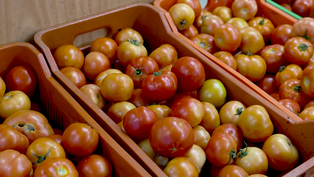 Bright red and yellow tomatoes overflow from wooden crates at a lively farmer's market