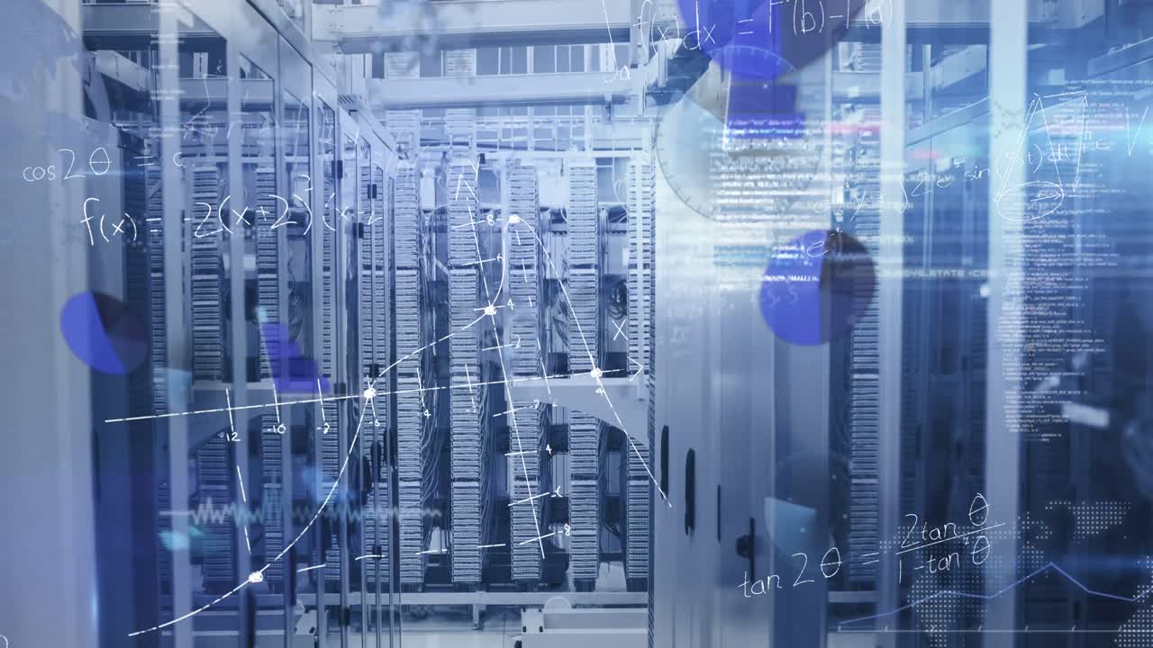 Animation of mathematical equations and data processing against computer server room