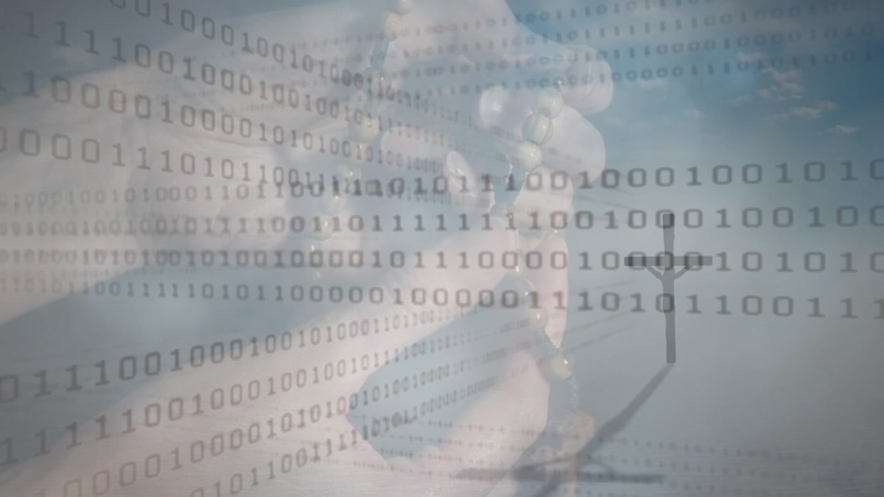 Animation of data processing binary coding over hands holding rosary and cross