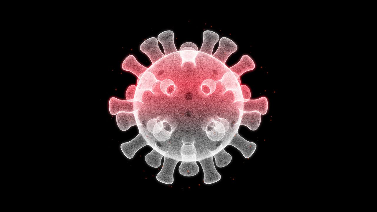 Virtuel realistisk 3D-model af coronavirus (COVID-19) medicinsk animation. Hologram display-teknologi på skærm. Vira spredes over hele verden. Krise og tab som følge af virusudbrud.