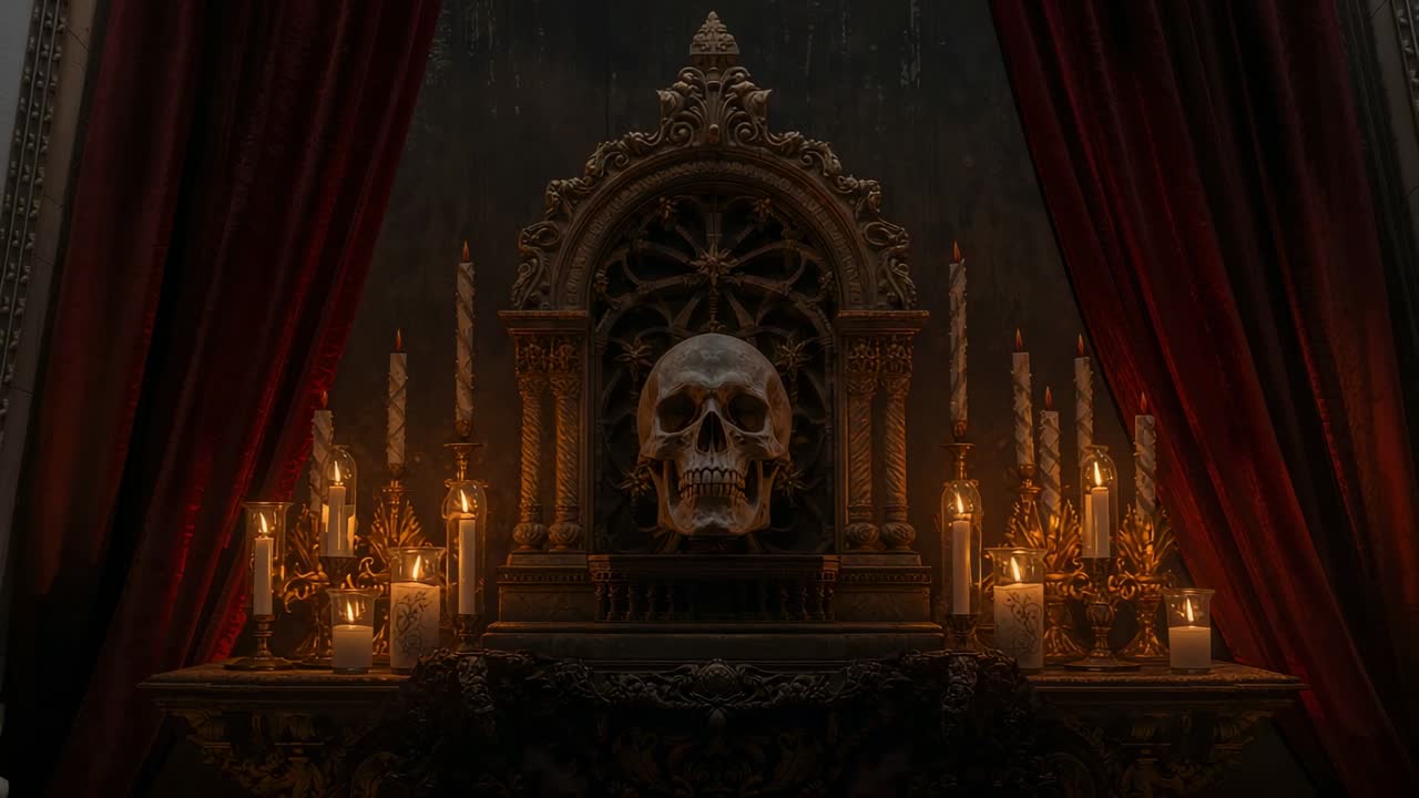 Opening shot showing altar bearing human skull in ritual chamber, candles flickering evoking dread