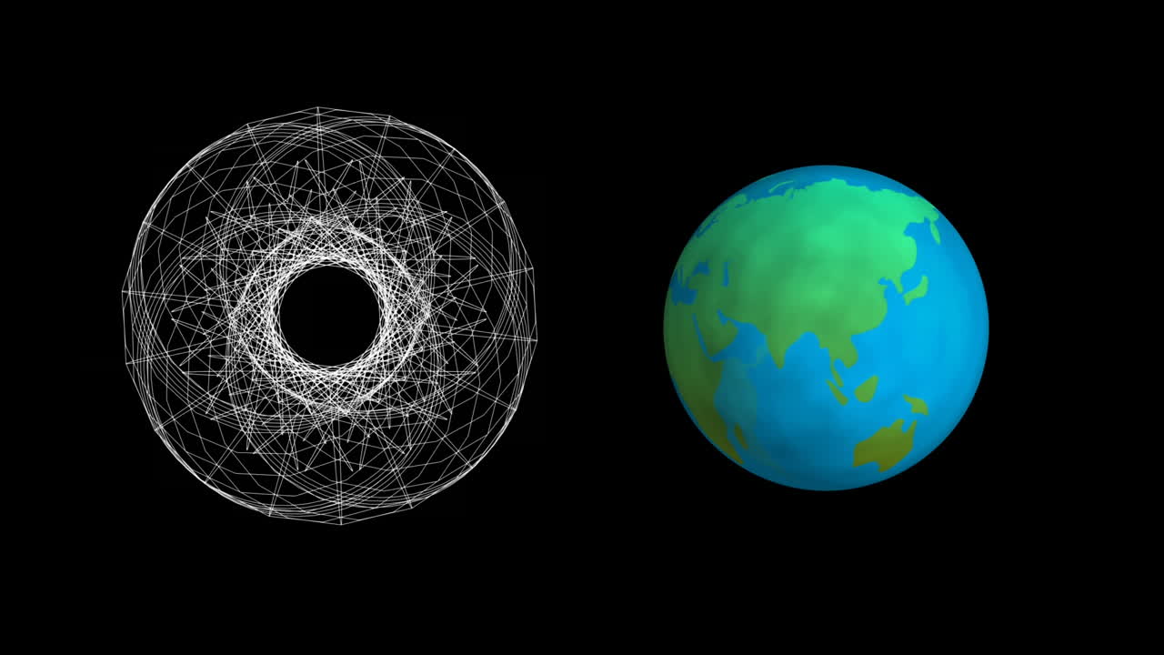animación de formas en movimiento y globo girando sobre fondo negro