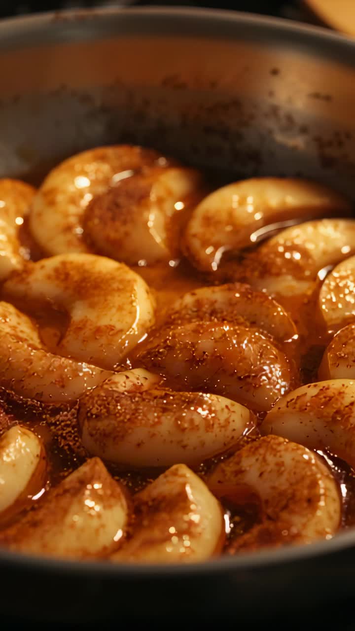 Vertical video: Simmering metal pan holding halved apples on lit gas burner, in cinnamon caramel