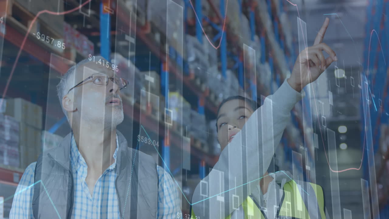 animación de estadísticas y procesamiento de datos financieros sobre hombres y mujeres que trabajan en almacenes