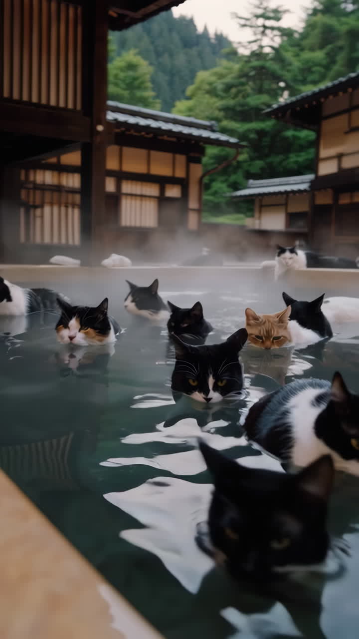 Japanese Cats Relaxing in a Public Hot Spring