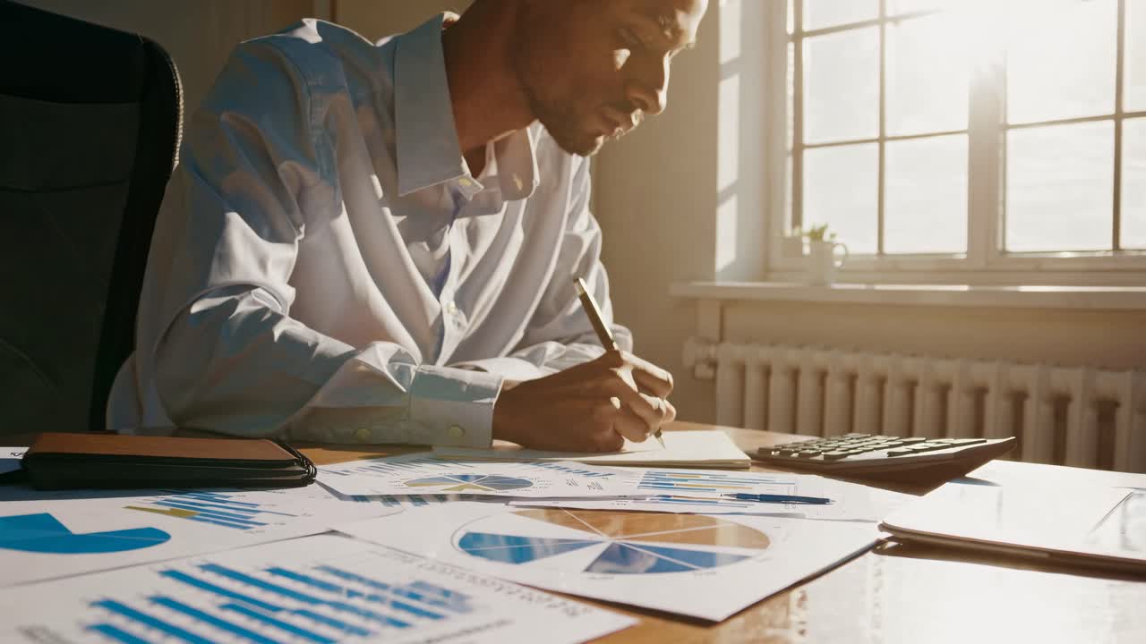 Side angle video of a person writing at a desk with sunlight streaming in, surrounded by charts