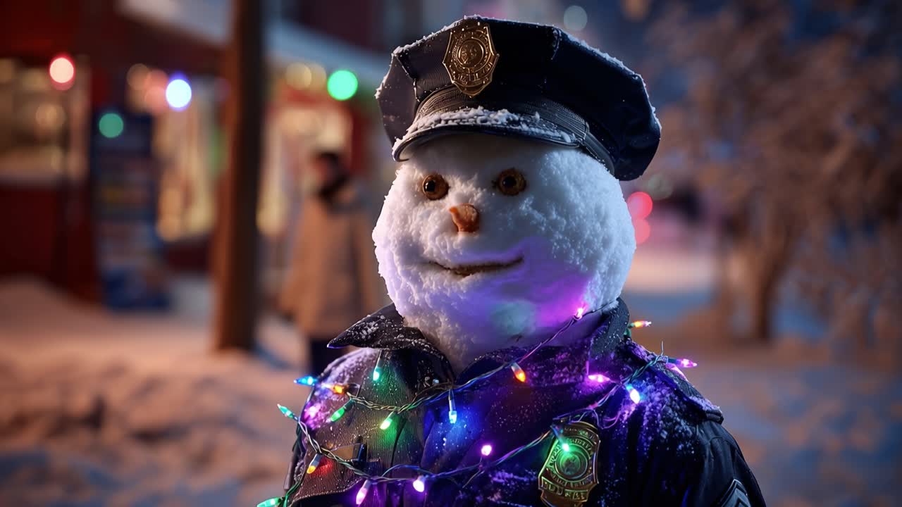 Snowman wears police cap and jacket. Bright lights twinkle around his shoulders. He smiles gently in snowy street setting. Warm glow suggests festive holiday cheer