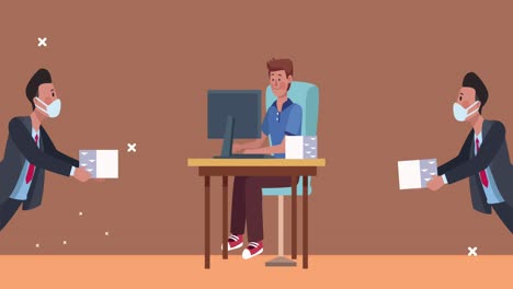 hombres de negocios con máscaras médicas en la animación de la oficina