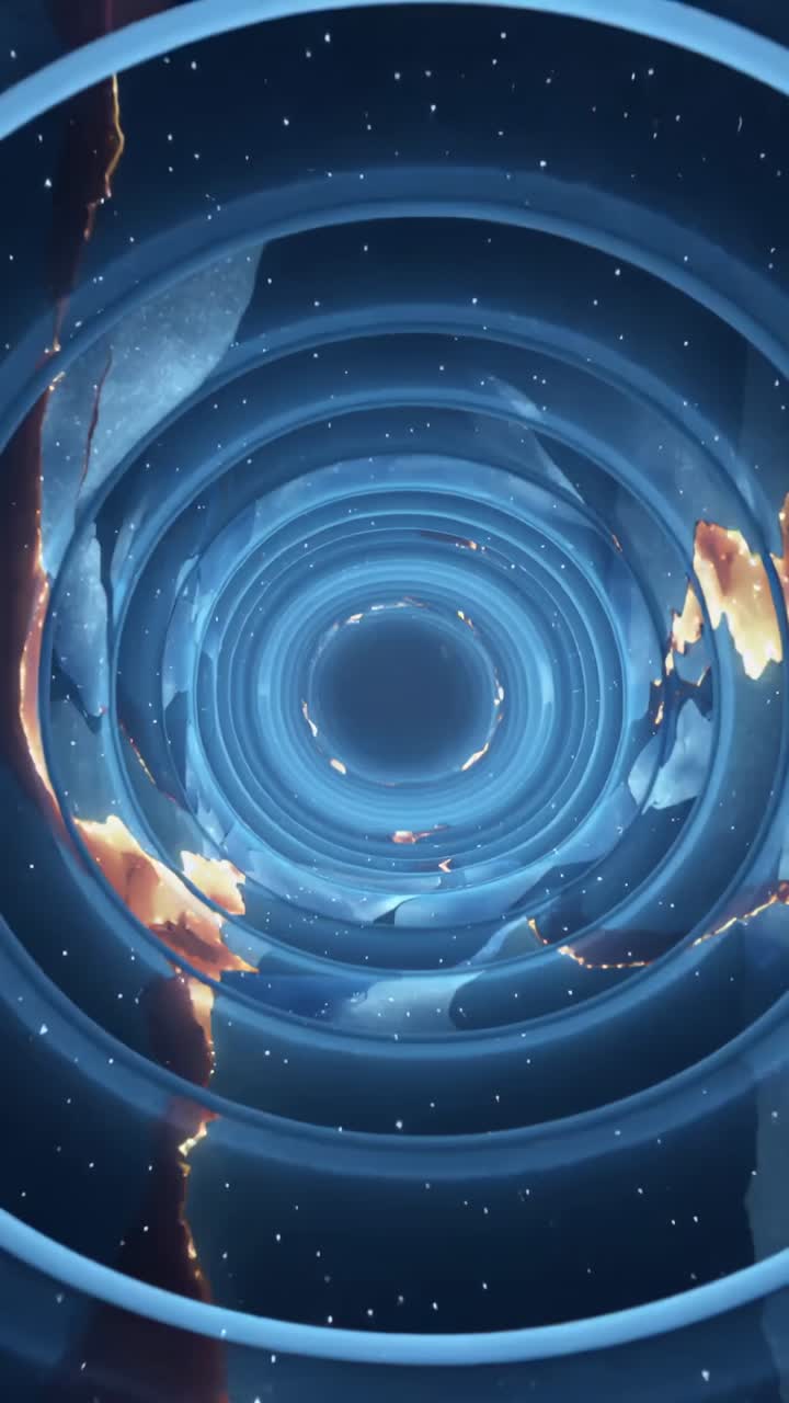 Vertical video: Looping blue rings spiraling into dark void in tunnel with orange flecks and sparks