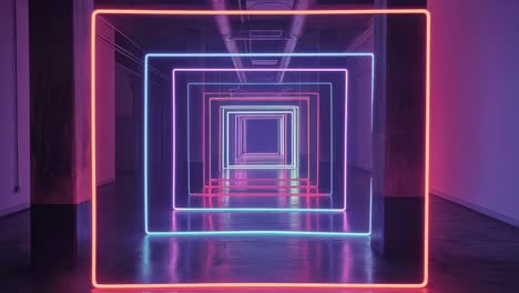 neon illuminated corridor morphing between vibrant blue, pink, orange hues, geometric shapes transitioning from square to curved silhouette against pristine white background