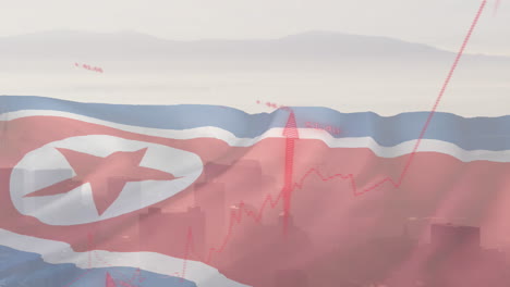 animación de flechas rojas y bandera de corea del norte sobre la ciudad