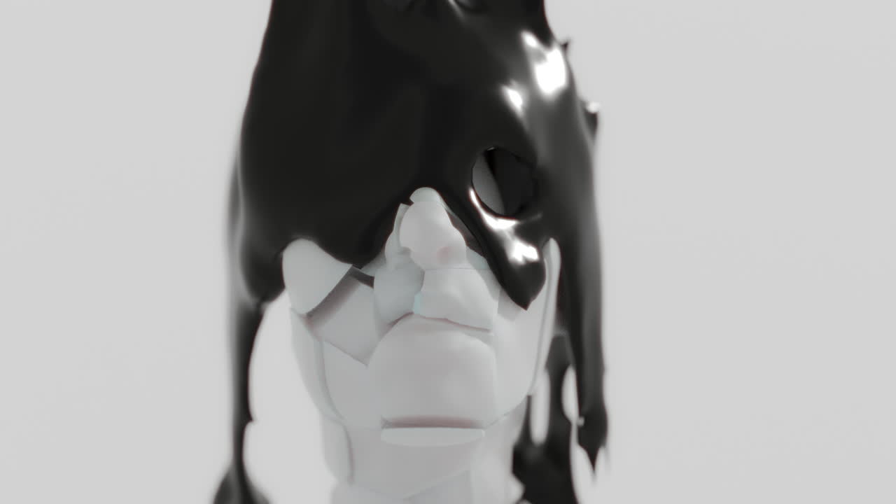 A black liquid metal flows slowly on the sculpture