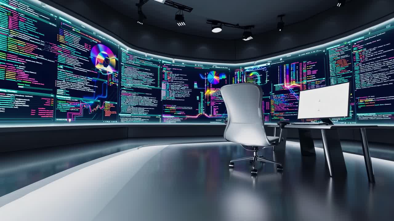 Futuristic control room with multiple screens displaying code