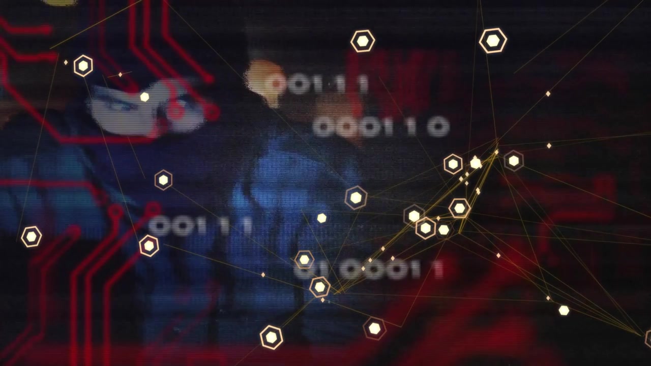 Tech network pulsing, responding to blurred man moving, clustering hex nodes showing data
