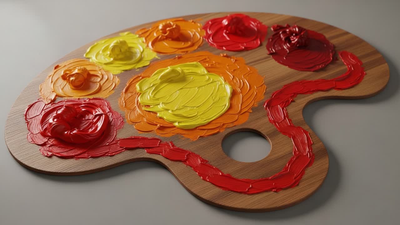 A Vibrant Color Palette Displaying Rich Paint Textures, Featuring Swirls of Red, Yellow, and Orange Paints on a Wooden Palette, Evoking Artistic Creativity and Inspiration