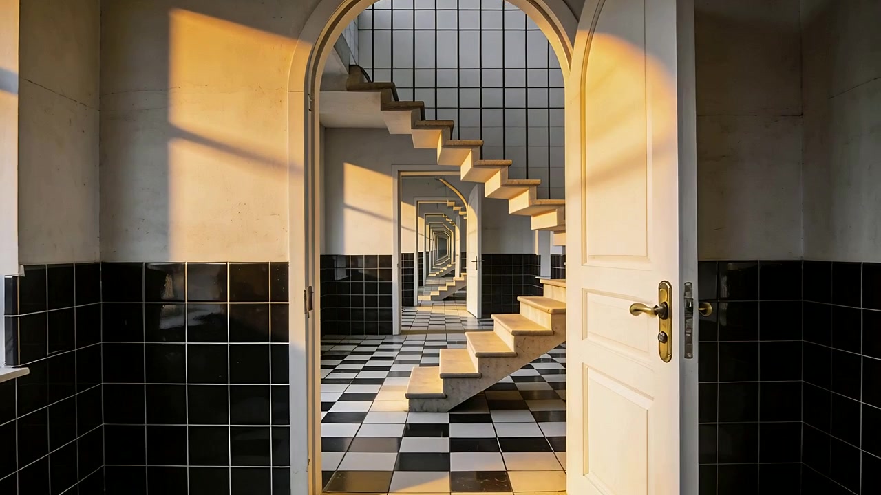 Porta bianca con maniglia in ottone che si apre in un corridoio, con la telecamera che avanza, rivelando una scala e degli archi.